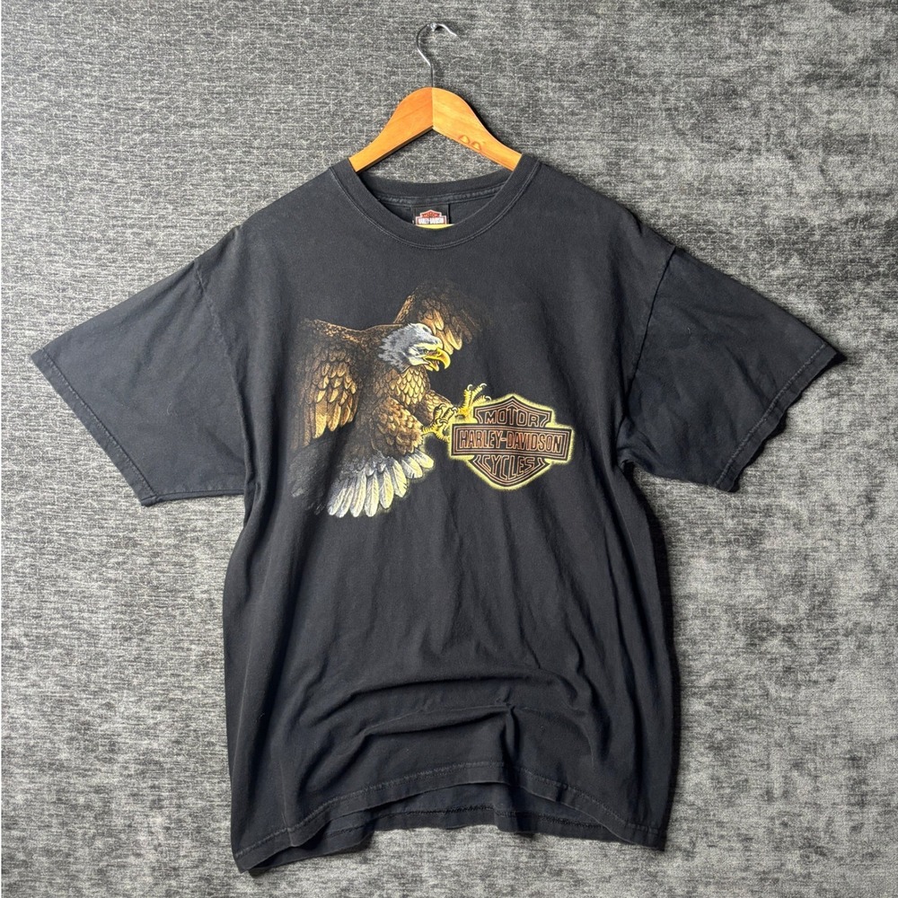 Vintage Harley Davidson Eagle Graphic T-Shirt Mens L Black Fort Ann NY Grunge